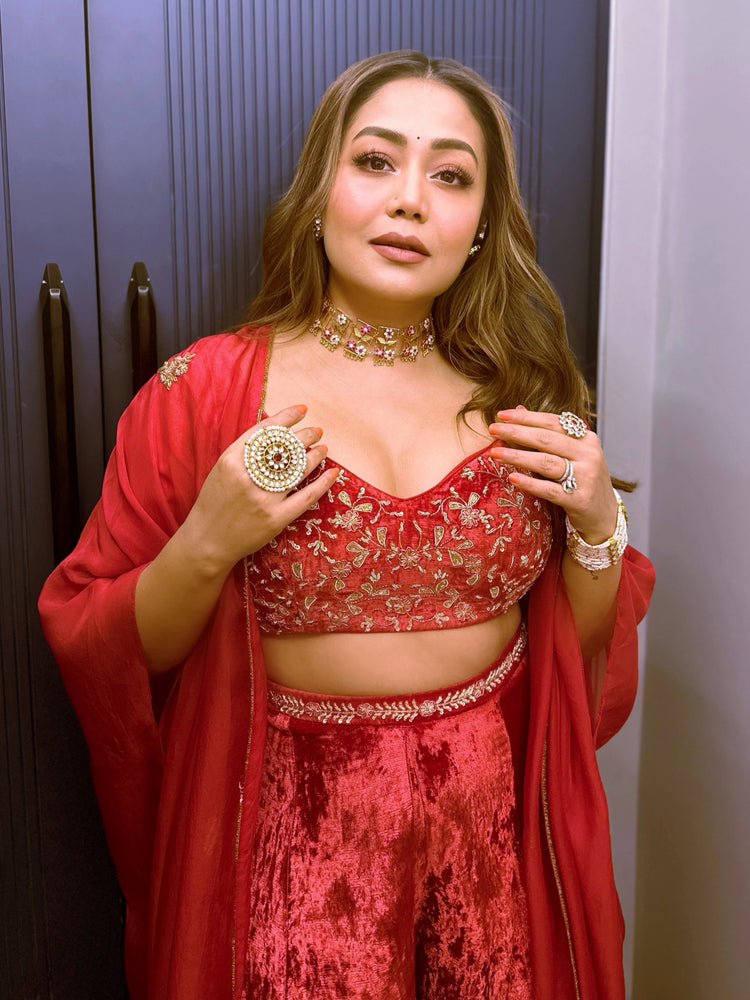Neha Kakkar in Red Velvet Palazzo Set