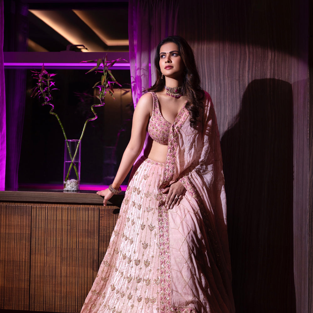 Sharmeila Mandre in Baby Pink Velvet Lehenga