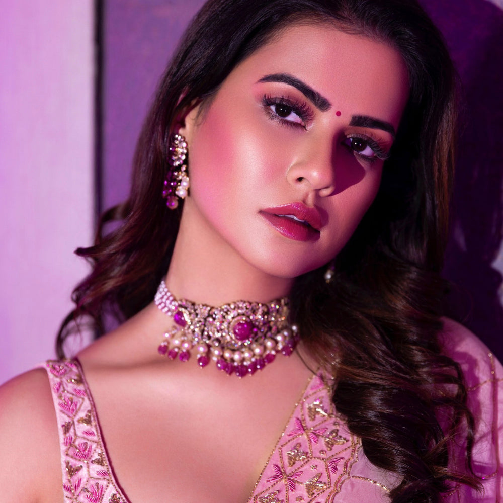 Sharmeila Mandre in Baby Pink Velvet Lehenga