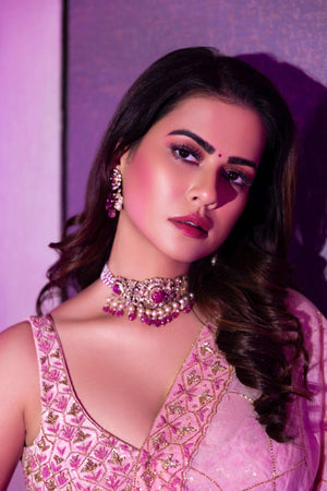 Sharmeila Mandre in Baby Pink Velvet Lehenga