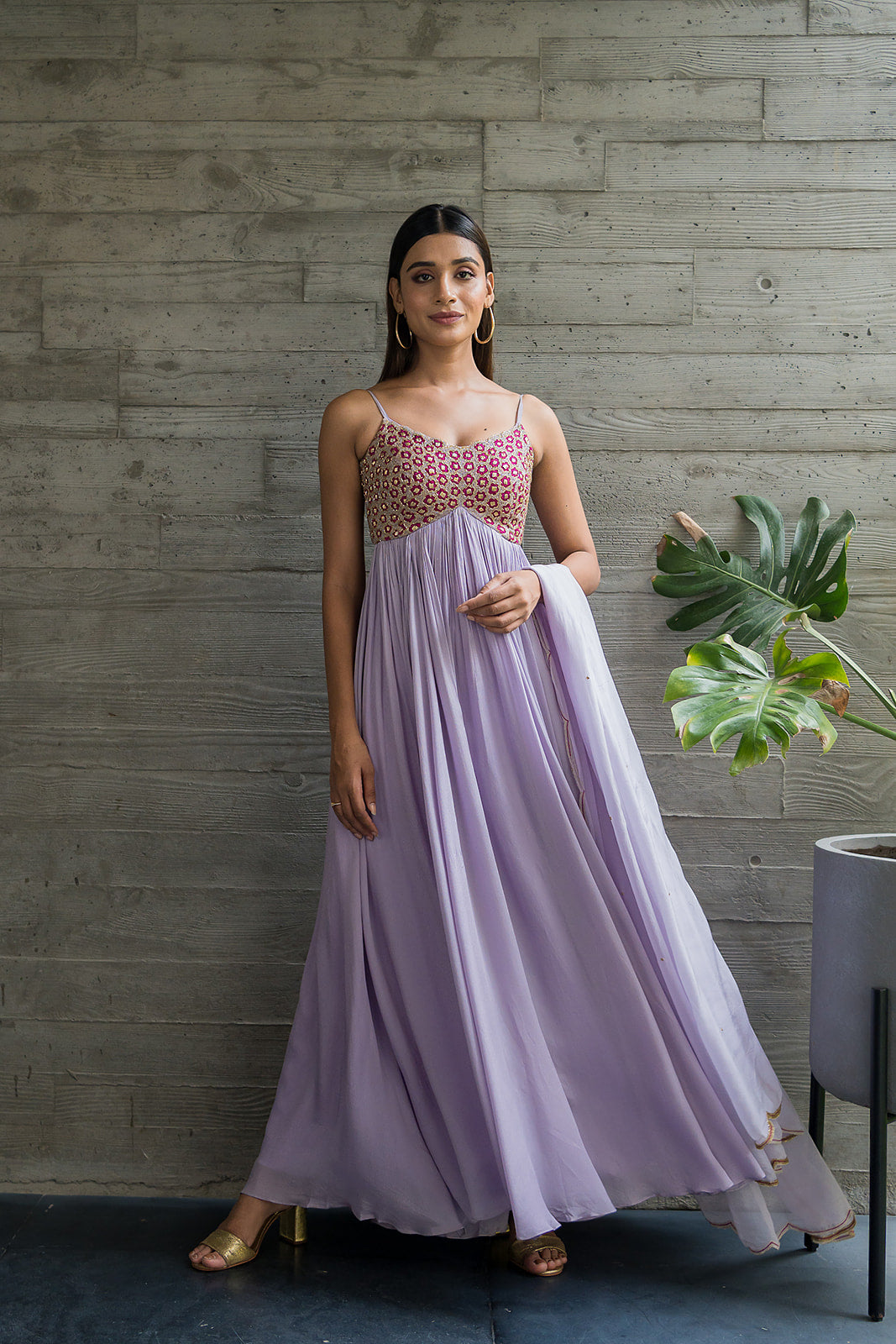 Lavender Anarkali with a spaghetti style yoke