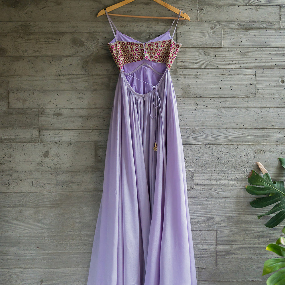 
                      
                        Lavender Anarkali with a spaghetti style yoke
                      
                    
