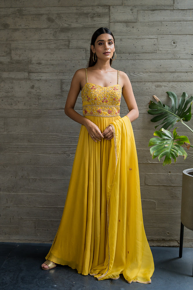 
            
                Load image into Gallery viewer, GOLDEN YELLOW CORSET ANARKALI
            
        
