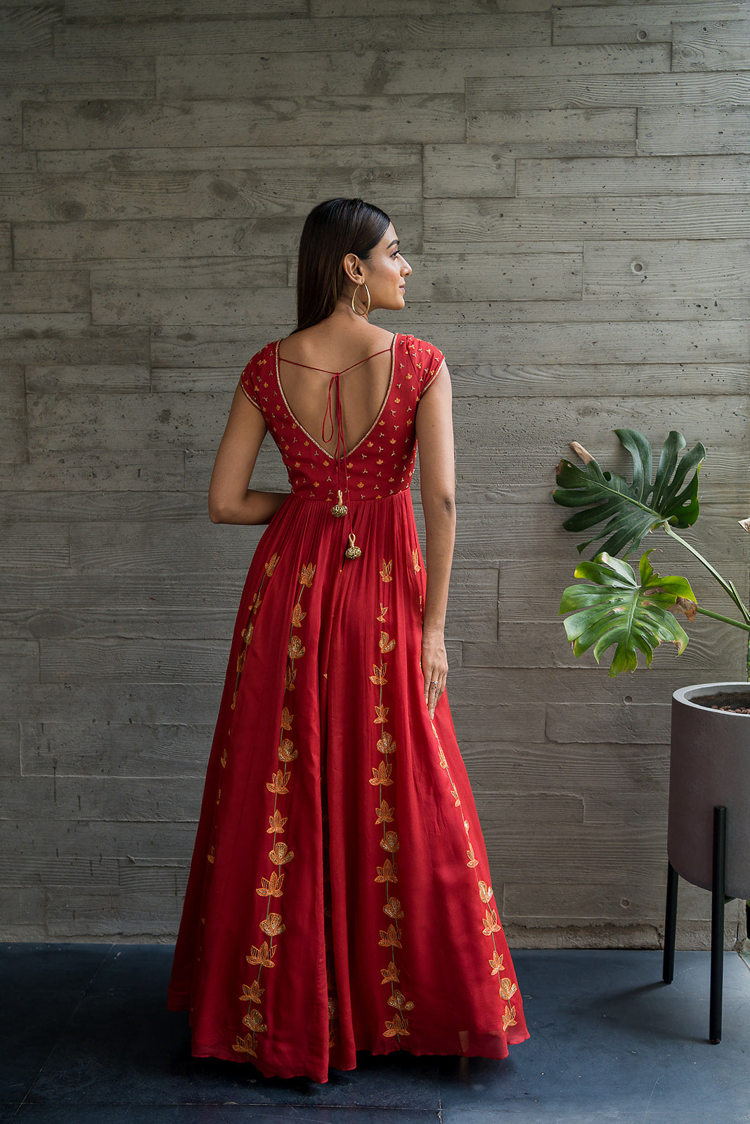 Bell Sleeved & Traditional Kali styled Red Anarkali
