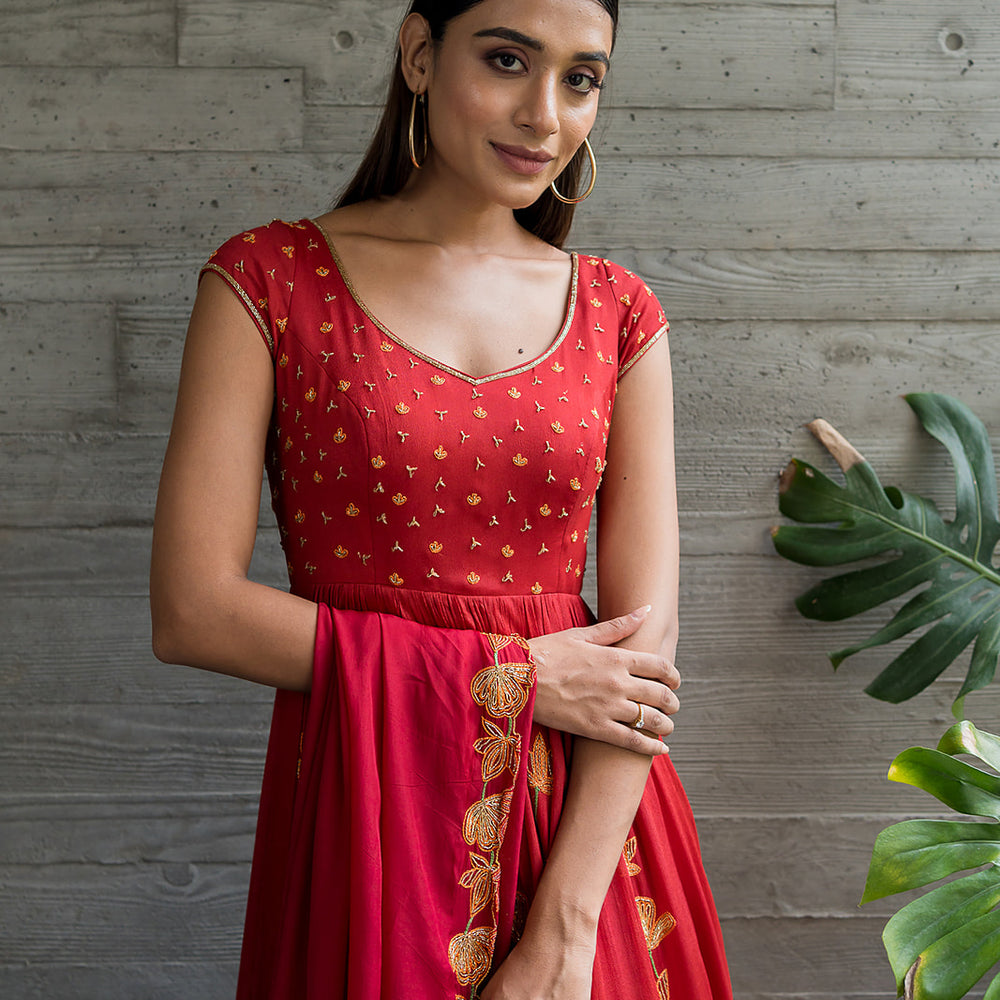 Bell Sleeved & Traditional Kali styled Red Anarkali
