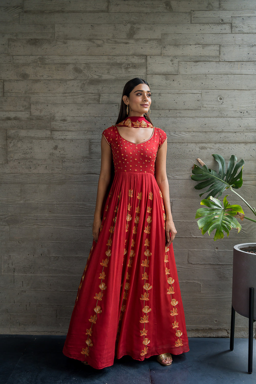 Bell Sleeved & Traditional Kali styled Red Anarkali