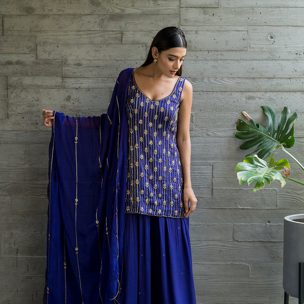 
                      
                        ROYAL BLUE CREPE SHARARA SET
                      
                    