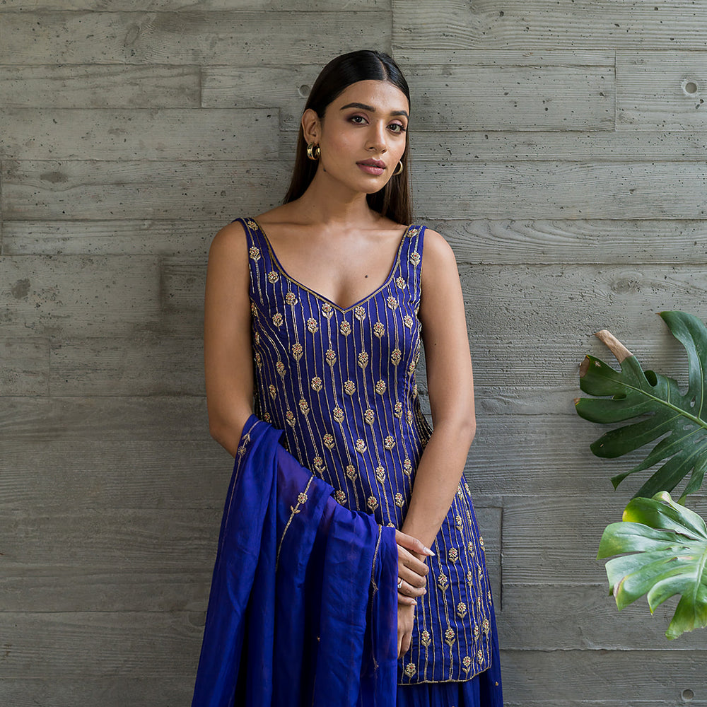 
                      
                        ROYAL BLUE CREPE SHARARA SET
                      
                    