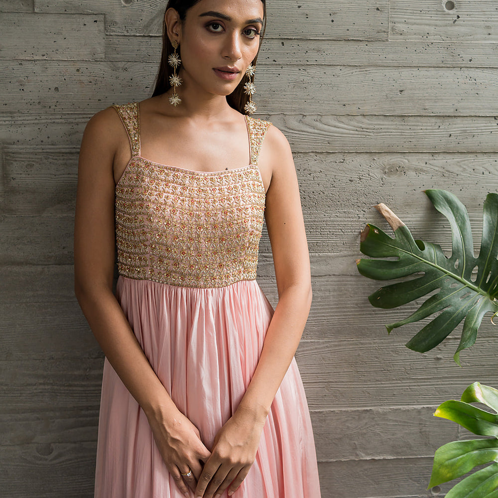 BABY PINK FLOWER YOKE EMBROIDERED ANARKALI