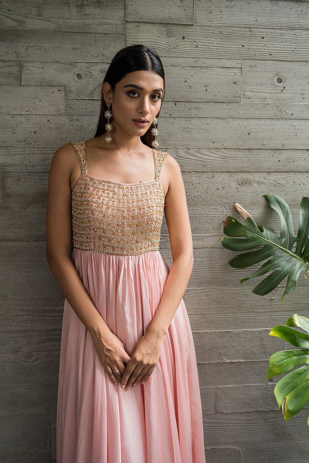 BABY PINK FLOWER YOKE EMBROIDERED ANARKALI