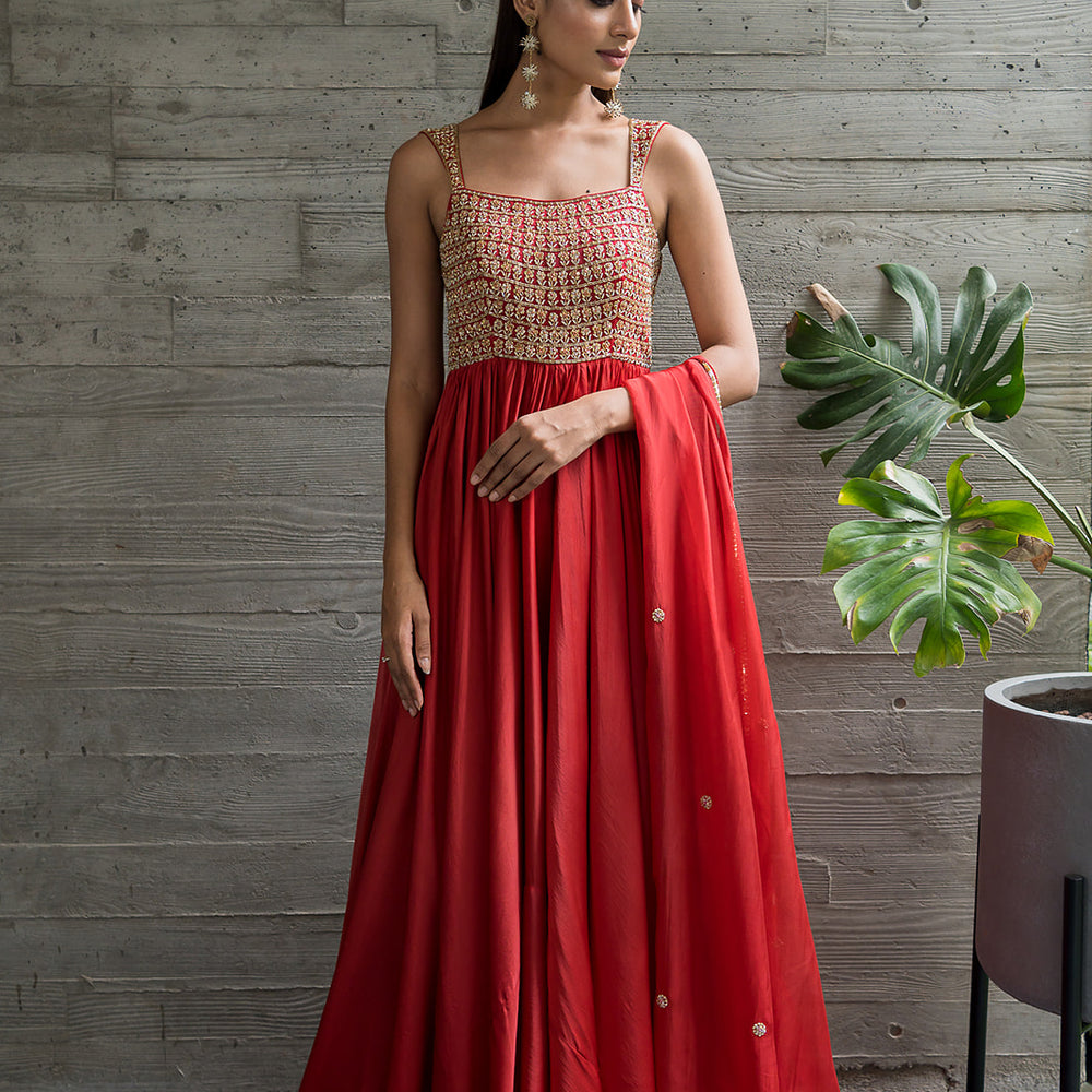 RED FLOWER YOKE EMBROIDERED ANARKALI