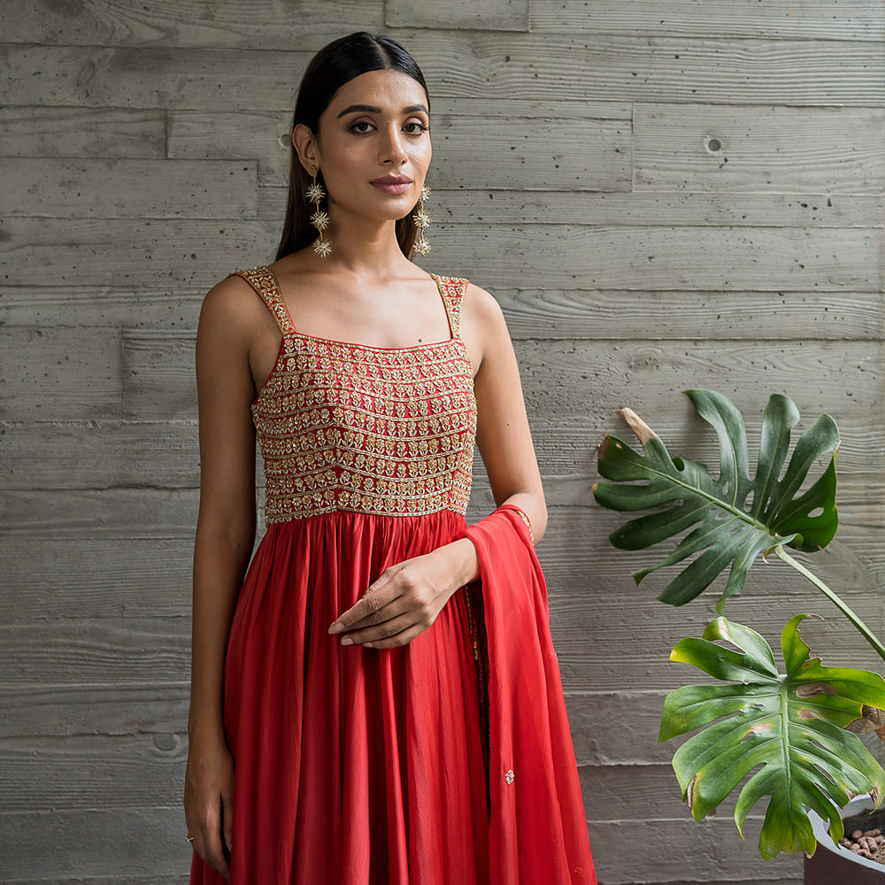 RED FLOWER YOKE EMBROIDERED ANARKALI