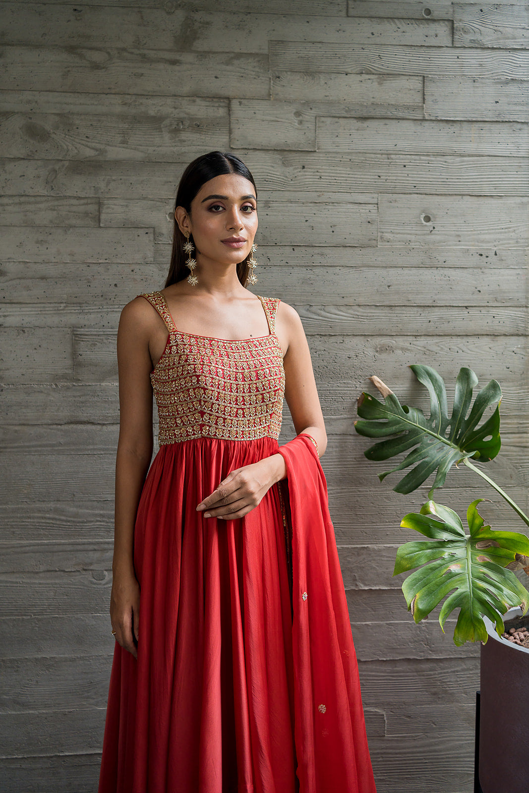 RED FLOWER YOKE EMBROIDERED ANARKALI