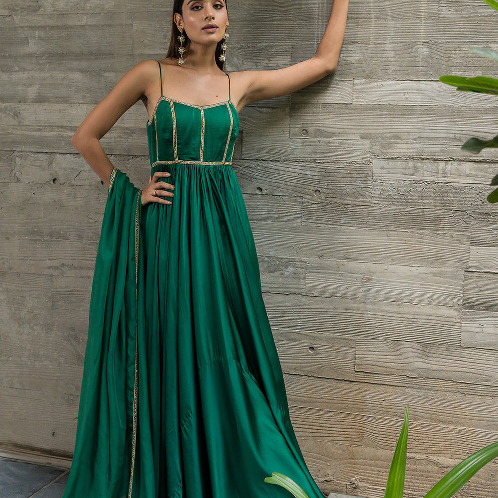 
                      
                        BOTTLE GREEN BACKLESS ANARKALI
                      
                    