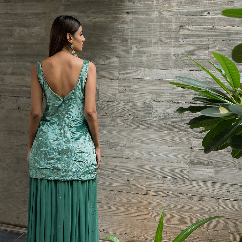 
                      
                        TURQUOISE VELVET SHARARA SET
                      
                    