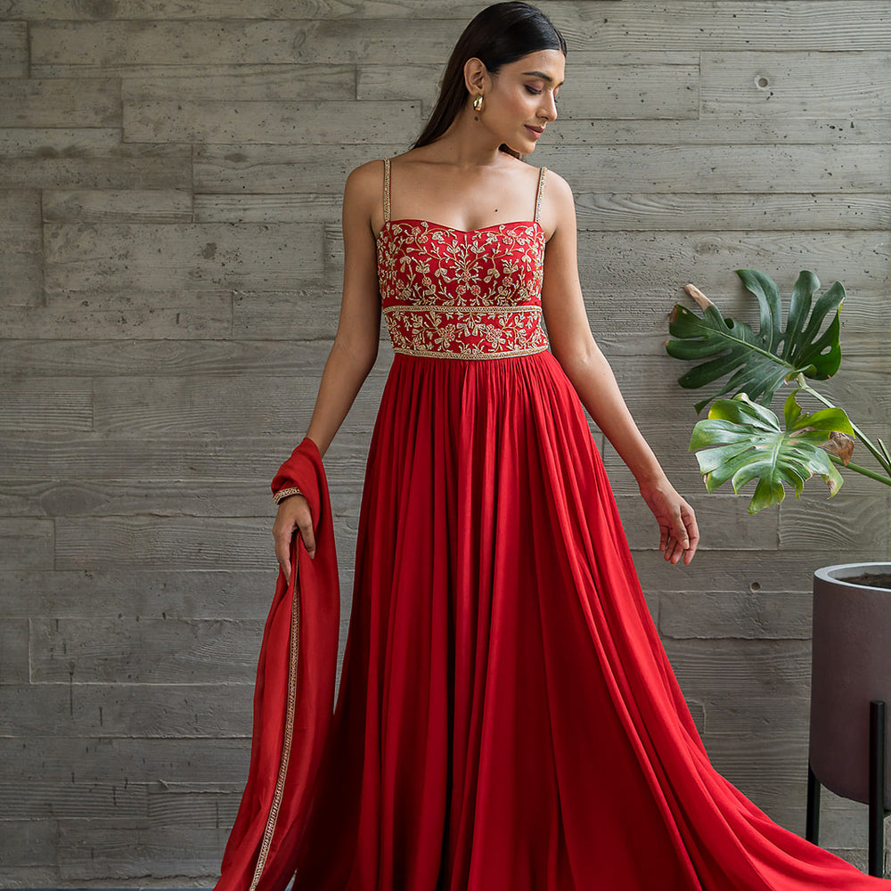 
                      
                        RED CORSET ANARKALI
                      
                    