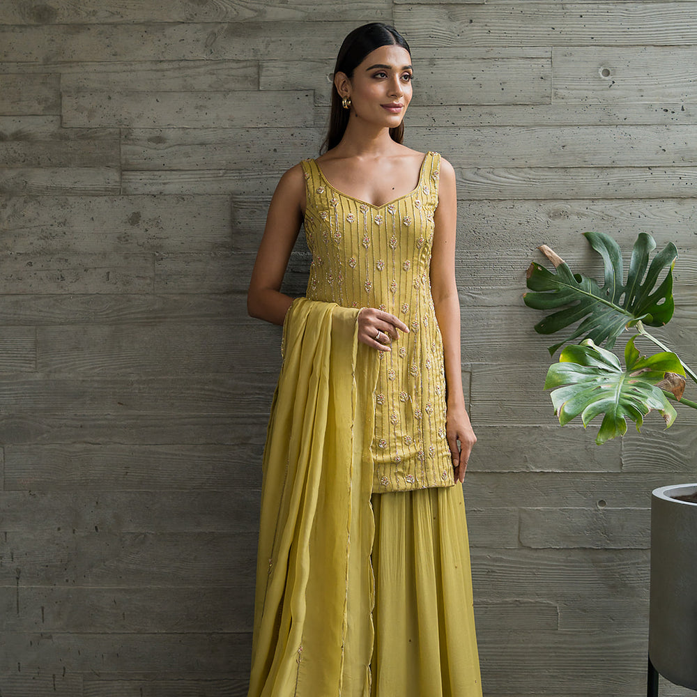 
                      
                        GOLDEN YELLOW CREPE SHARARA SET
                      
                    