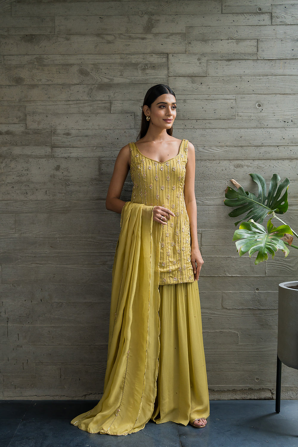 GOLDEN YELLOW CREPE SHARARA SET