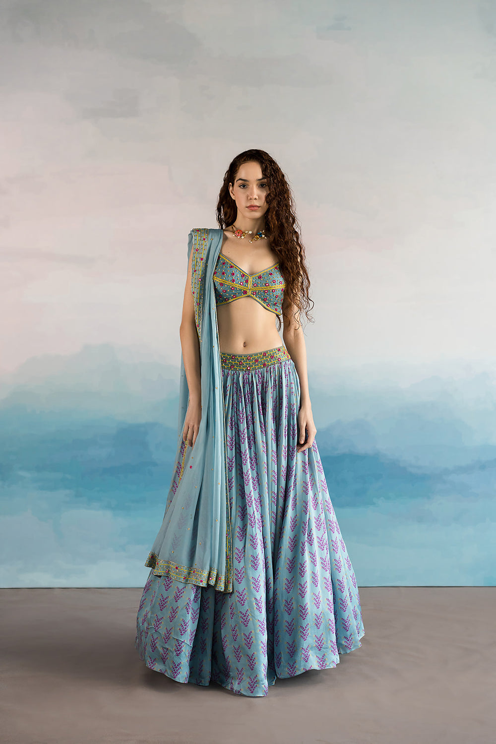 Powder Blue Printed Mirrorwork Ghagara