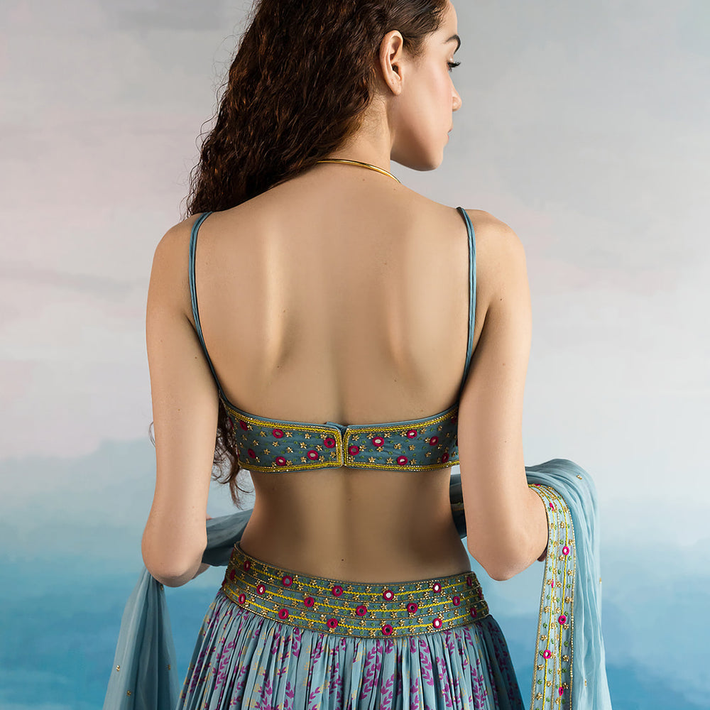 
                      
                        Powder Blue Printed Mirrorwork Ghagara
                      
                    
