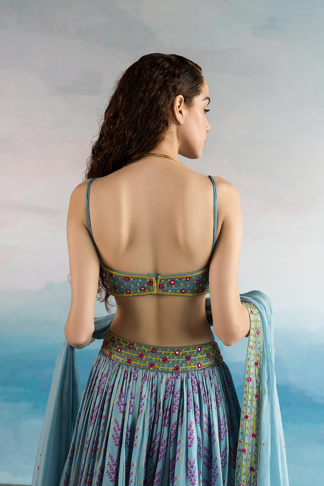 Powder Blue Printed Mirrorwork Ghagara