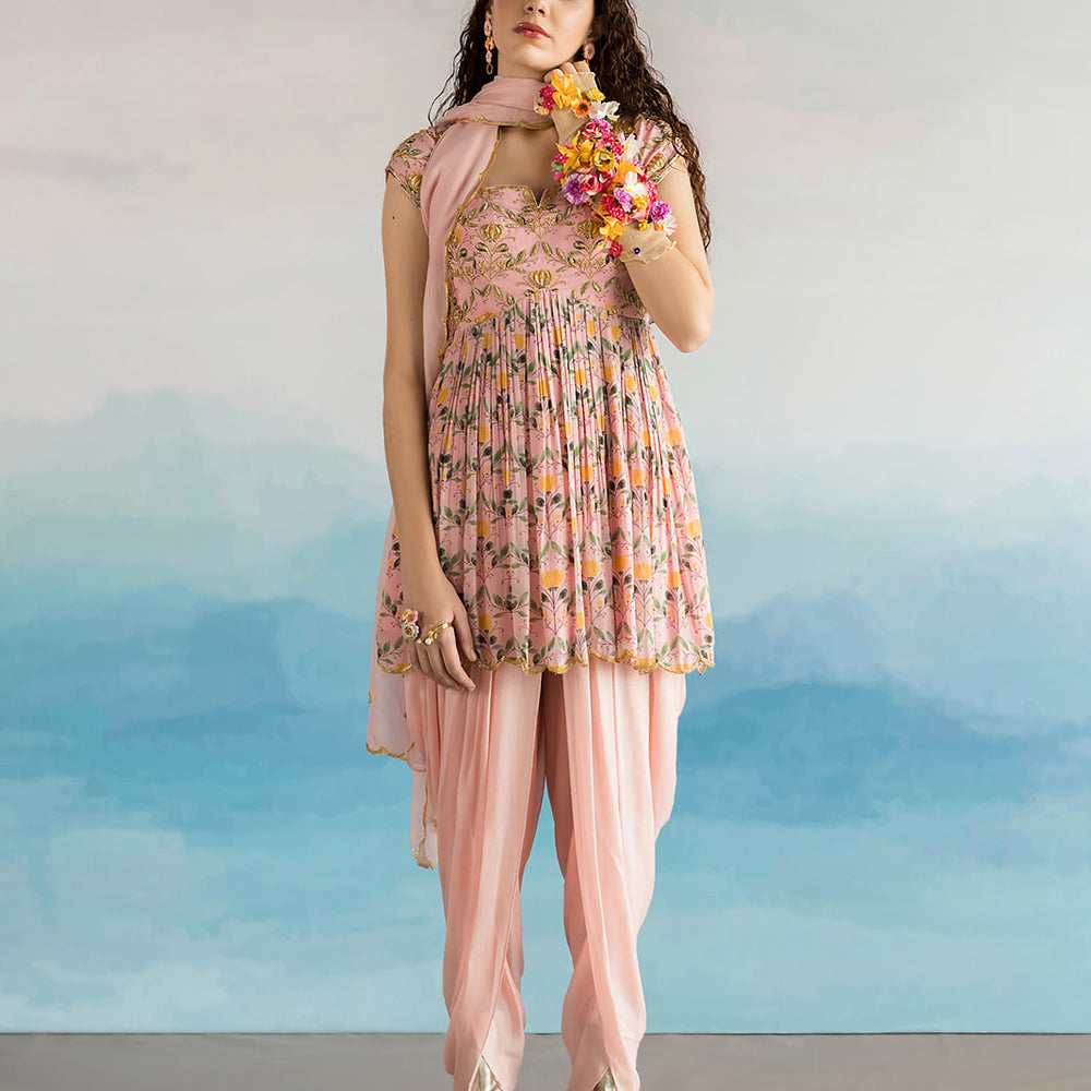 Mauve Pink Lotus Print Peplum Dhoti Set