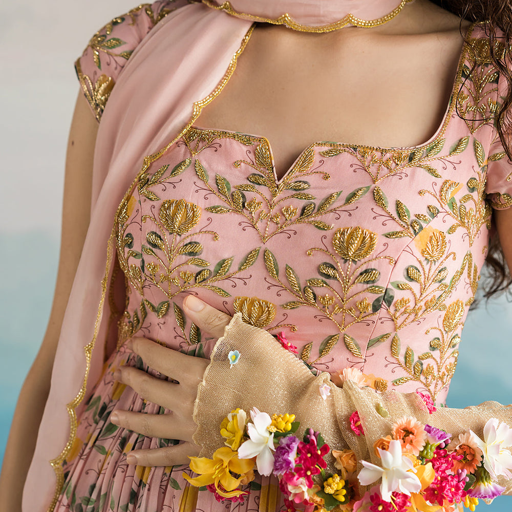 Mauve Pink Lotus Print Peplum Dhoti Set