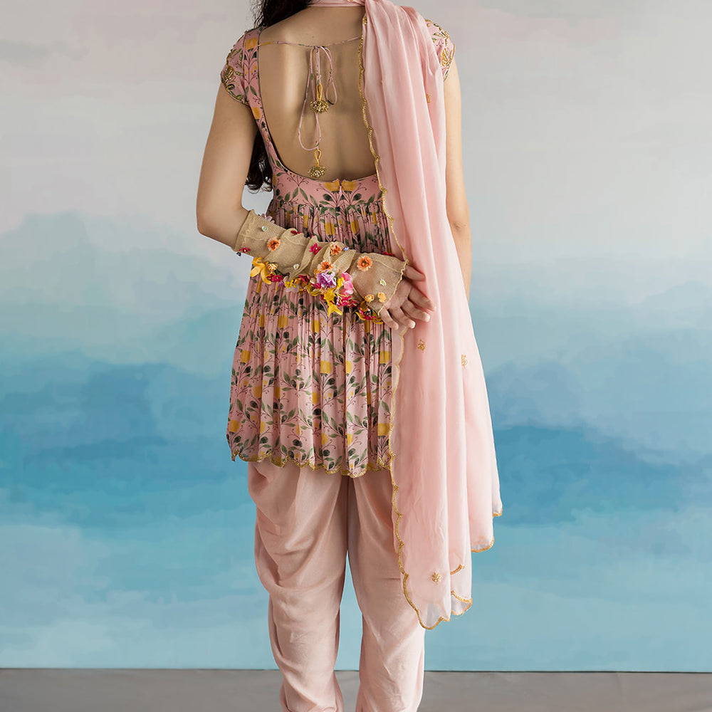 
                      
                        Mauve Pink Lotus Print Peplum Dhoti Set
                      
                    