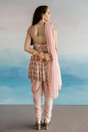 Mauve Pink Lotus Print Peplum Dhoti Set