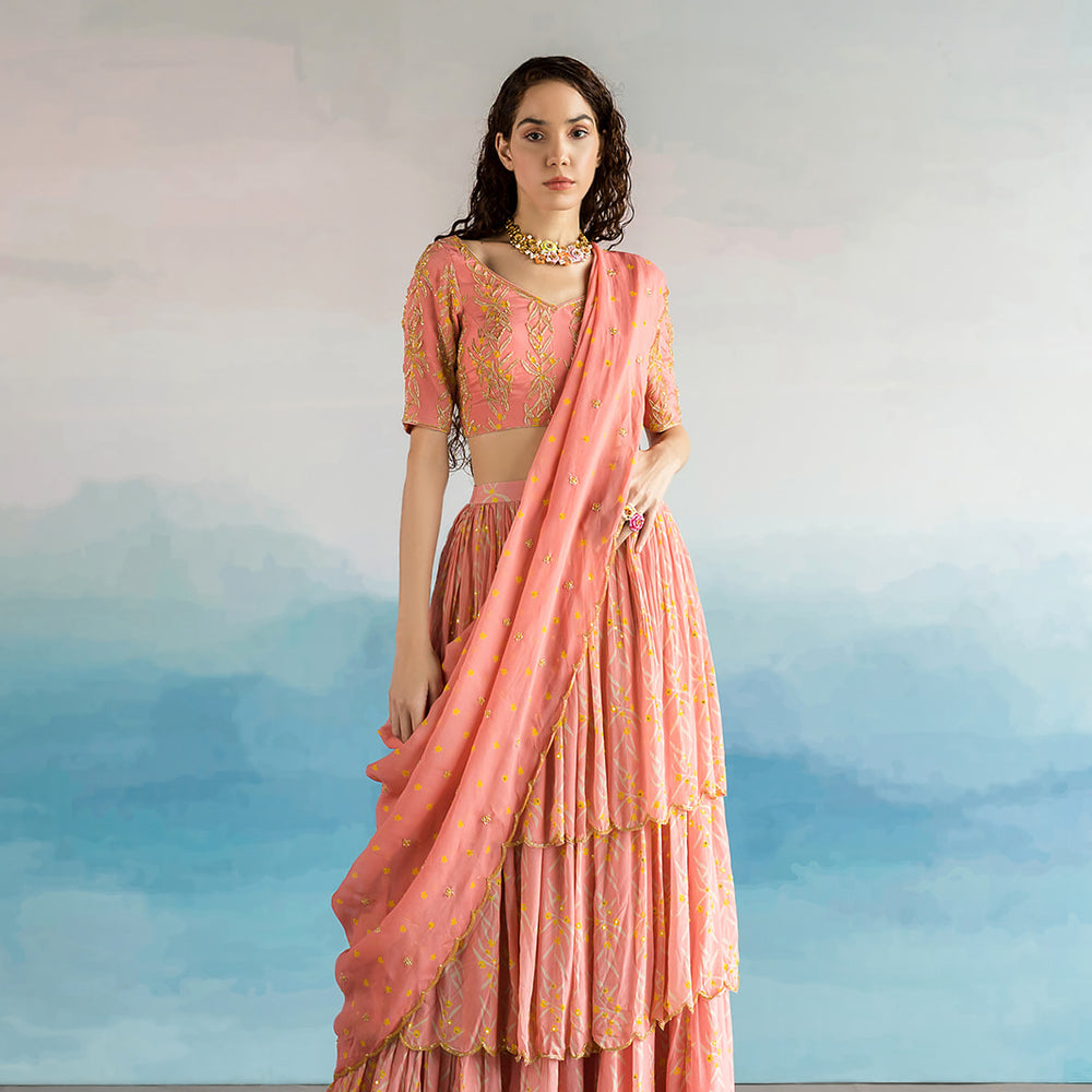 Mauve Pink Layered Ghagara Saree