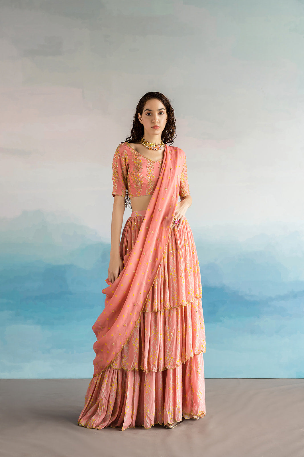 Mauve Pink Layered Ghagara Saree