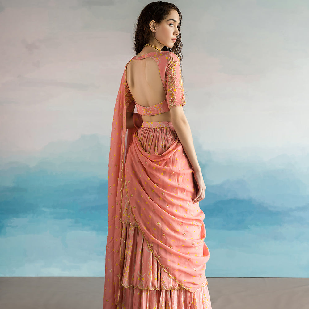 Mauve Pink Layered Ghagara Saree