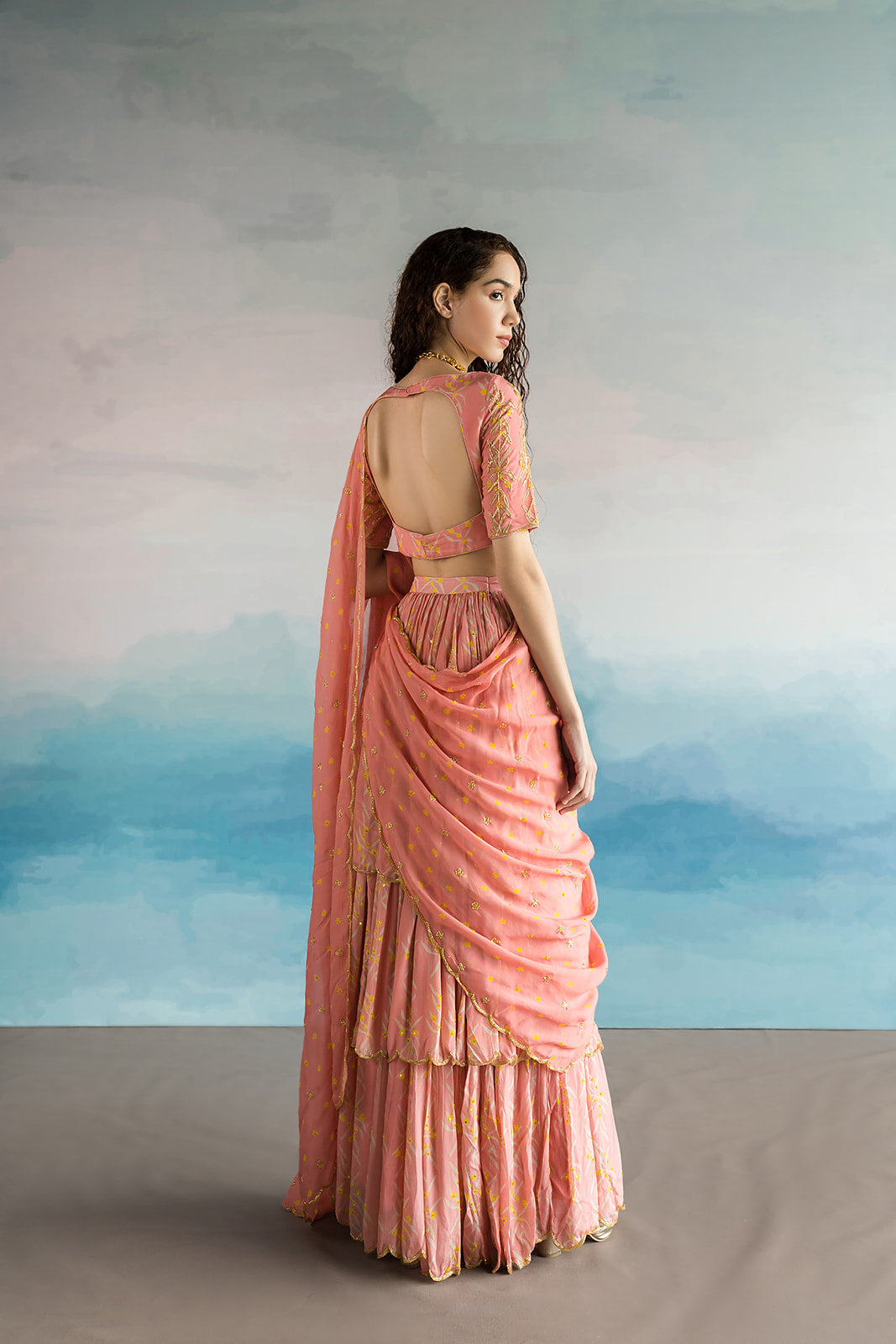 Mauve Pink Layered Ghagara Saree