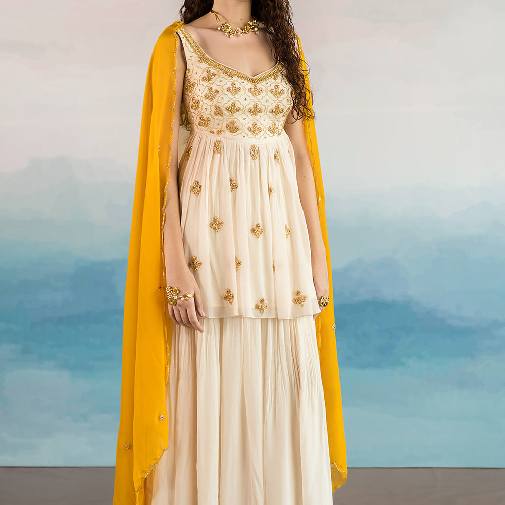 Off White Flower Butta Sharara Set