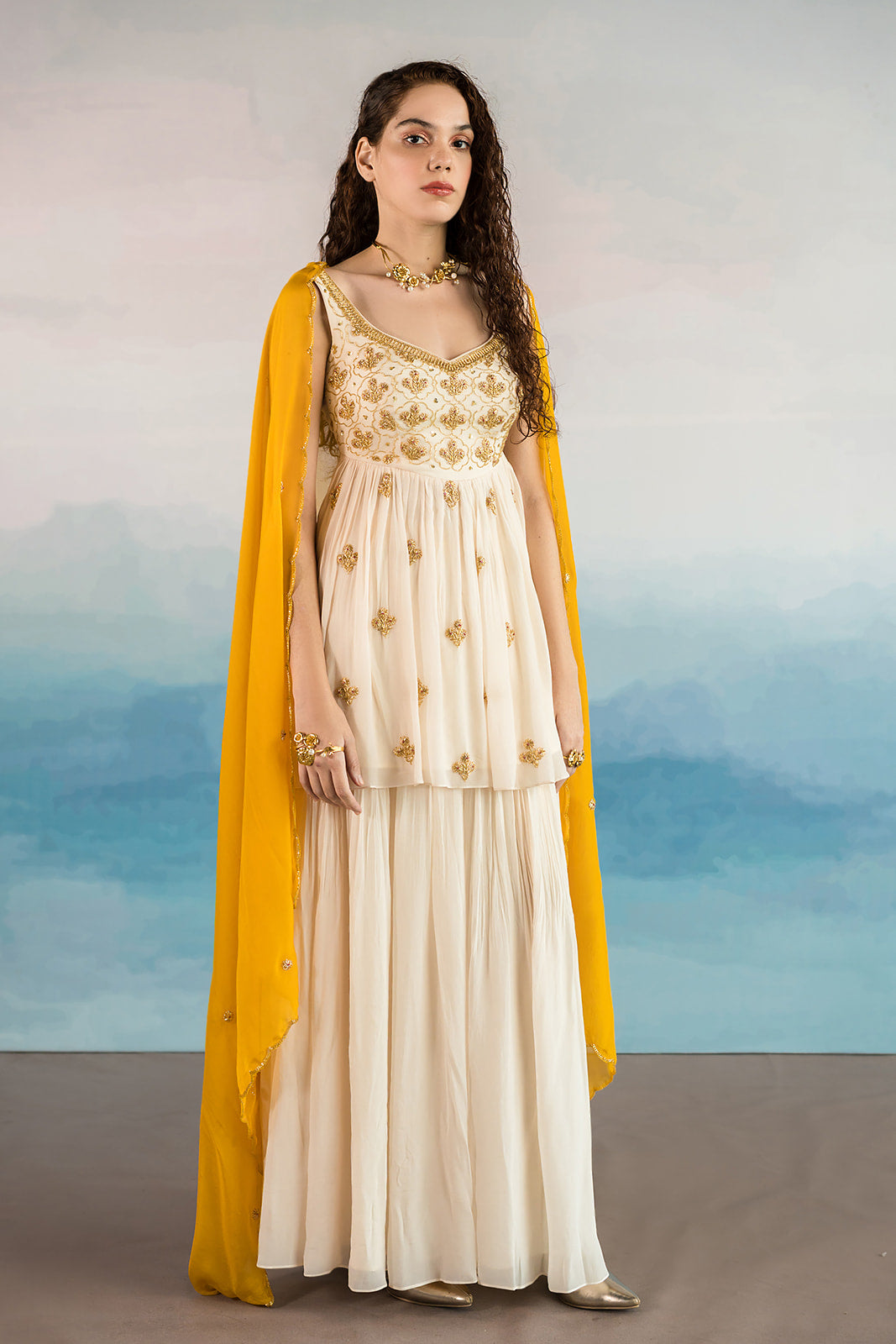 Off White Flower Butta Sharara Set