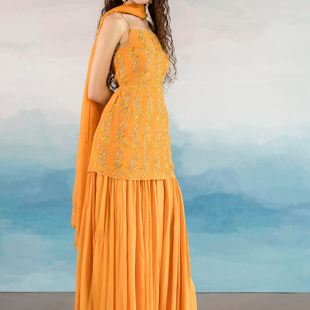 
                      
                        Orange Kali Printed Sharara Set
                      
                    