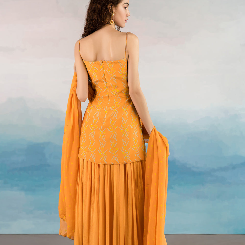 
                      
                        Orange Kali Printed Sharara Set
                      
                    