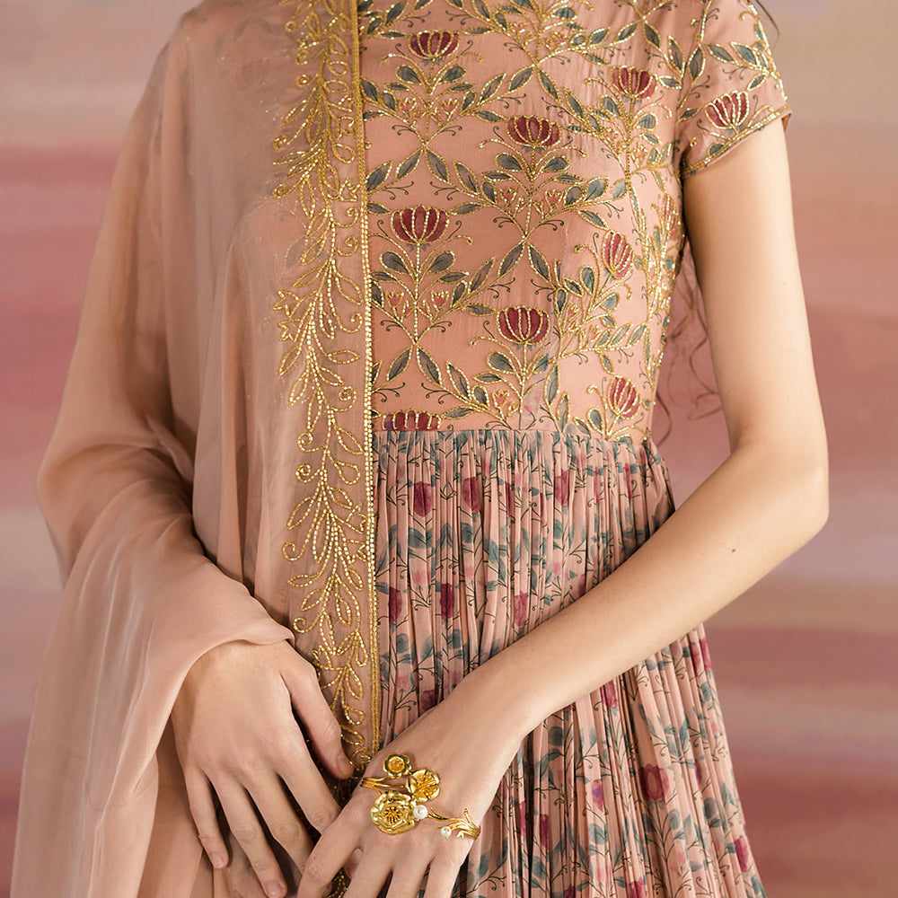 Brown Lotus Print Anarkali