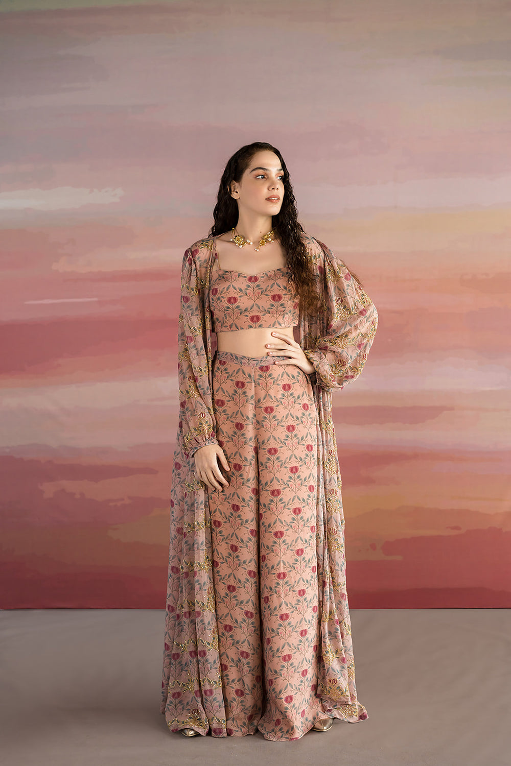 Brown Lotus Printed Long Jacket Set
