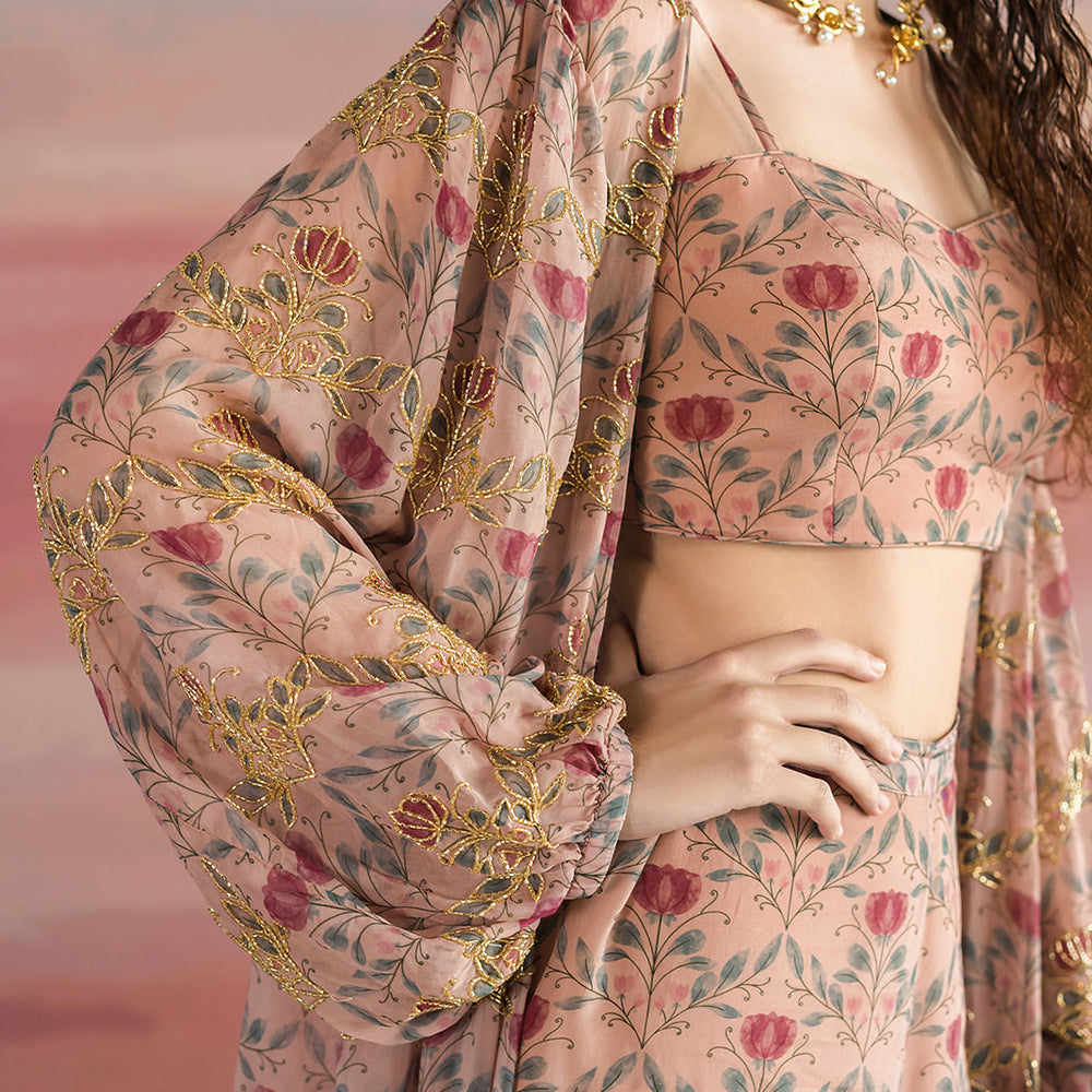 
                      
                        Brown Lotus Printed Long Jacket Set
                      
                    
