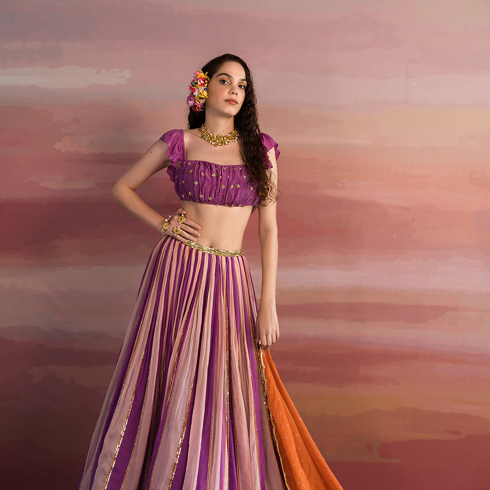 
                      
                        Violet Striped Ghagara With Ruched Blouse
                      
                    