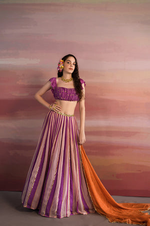 Violet Striped Ghagara With Ruched Blouse