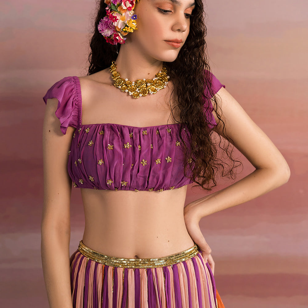 
                      
                        Violet Striped Ghagara With Ruched Blouse
                      
                    