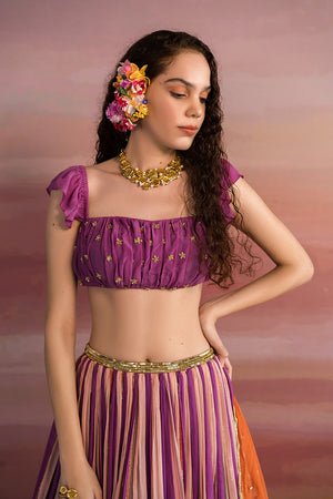 Violet Striped Ghagara With Ruched Blouse