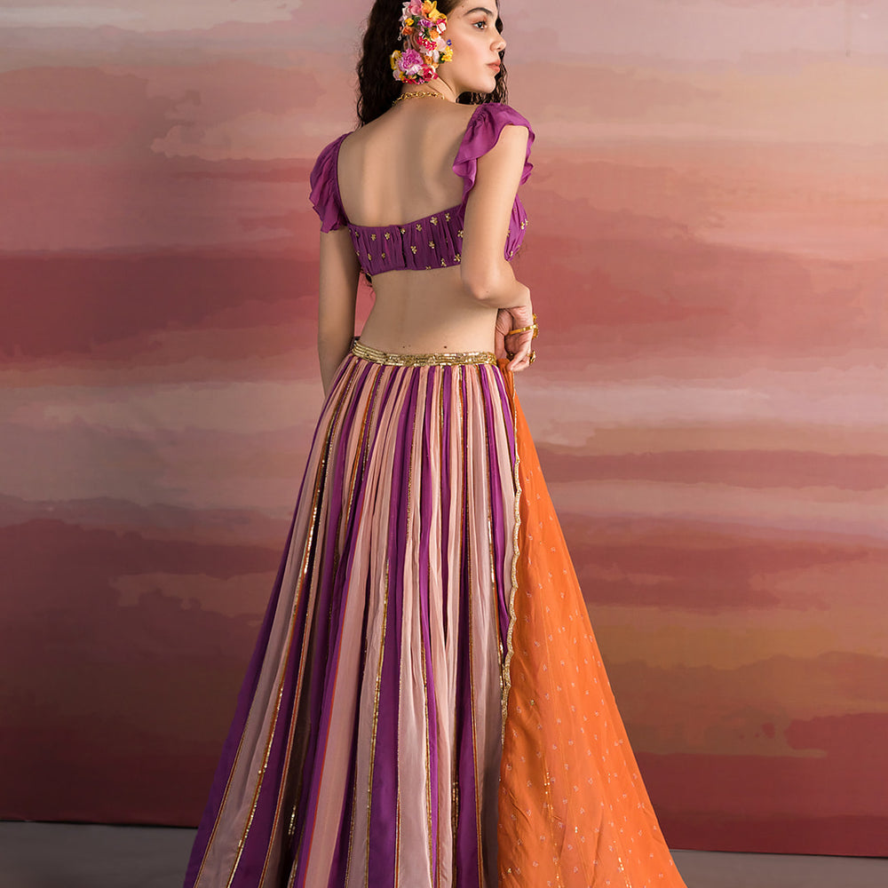 
                      
                        Violet Striped Ghagara With Ruched Blouse
                      
                    