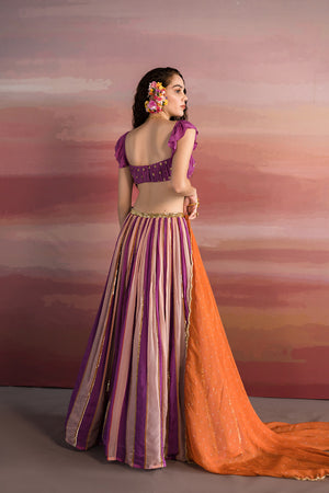Violet Striped Ghagara With Ruched Blouse