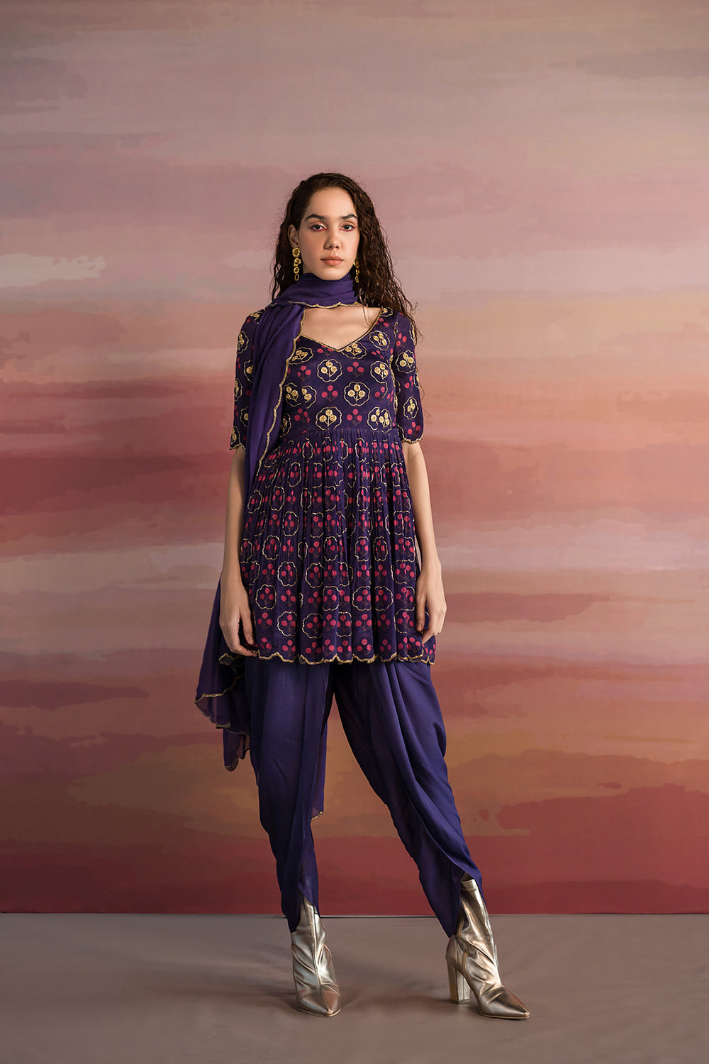 Purple Printed Dhoti Set