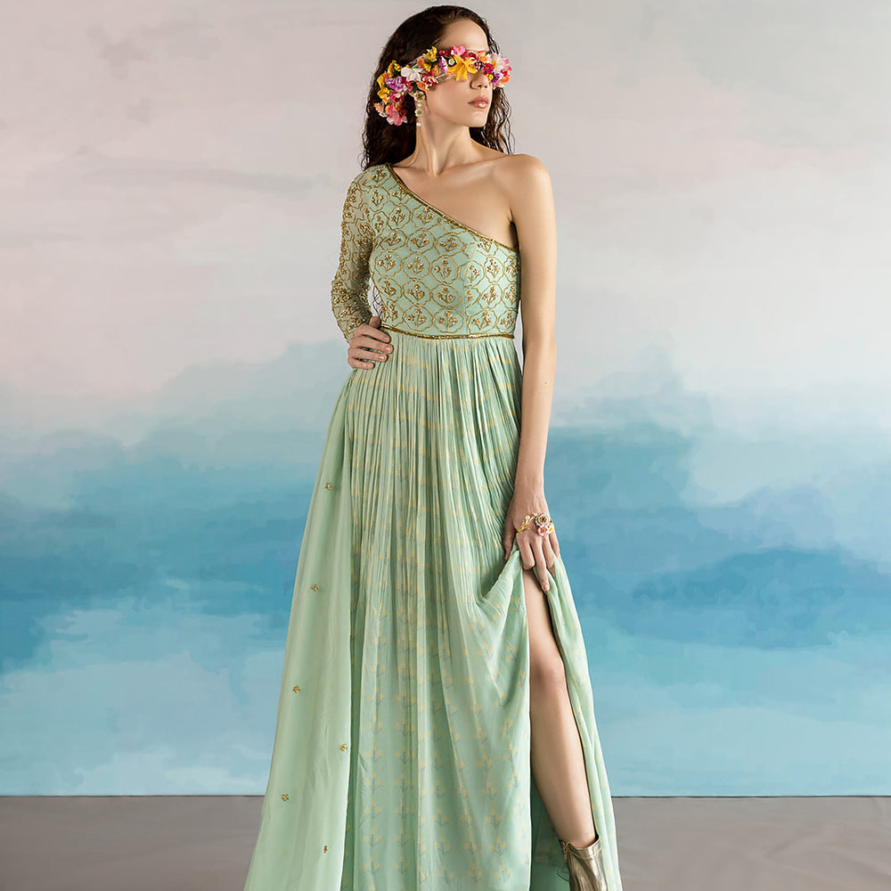 Mint Blue One Shoulder Anarkali
