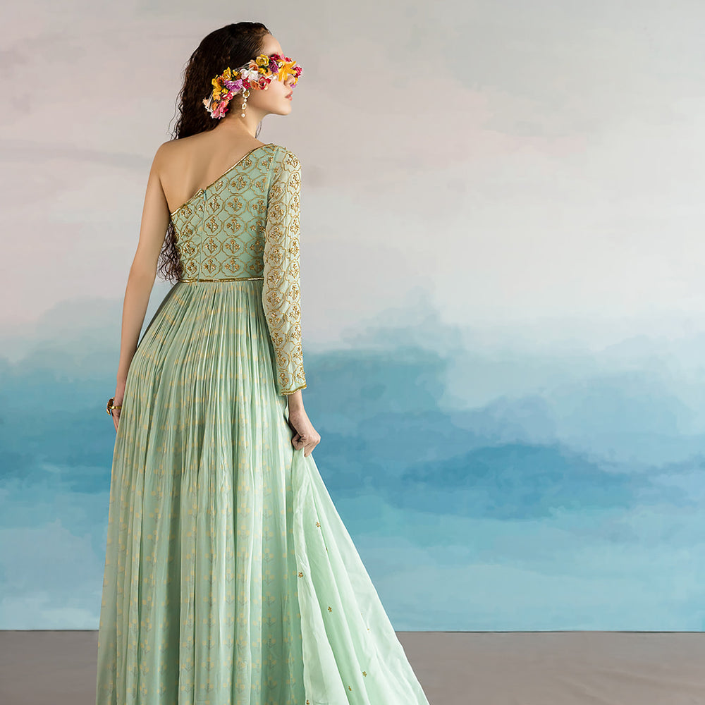 
                      
                        Mint Blue One Shoulder Anarkali
                      
                    