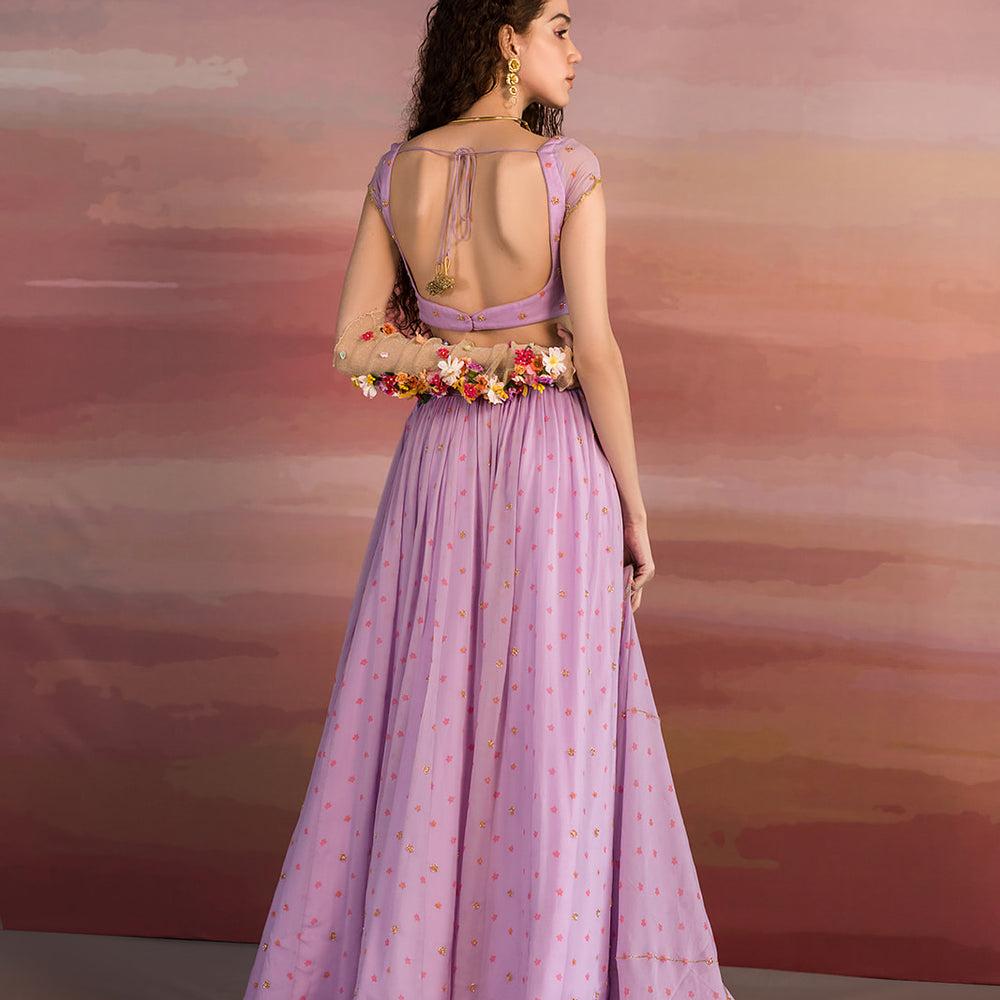 
                      
                        Dhanashree Verma in Lavender Small Flower Printed Ghagara set
                      
                    